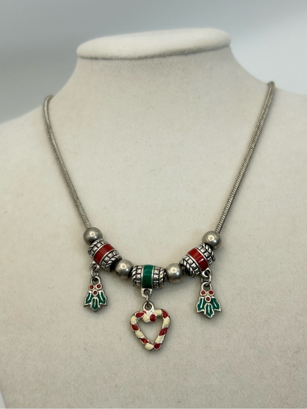 Cookie Lee Holiday Charm Necklace Red Green Silver-Tone Candy Cane Heart 18" VTG